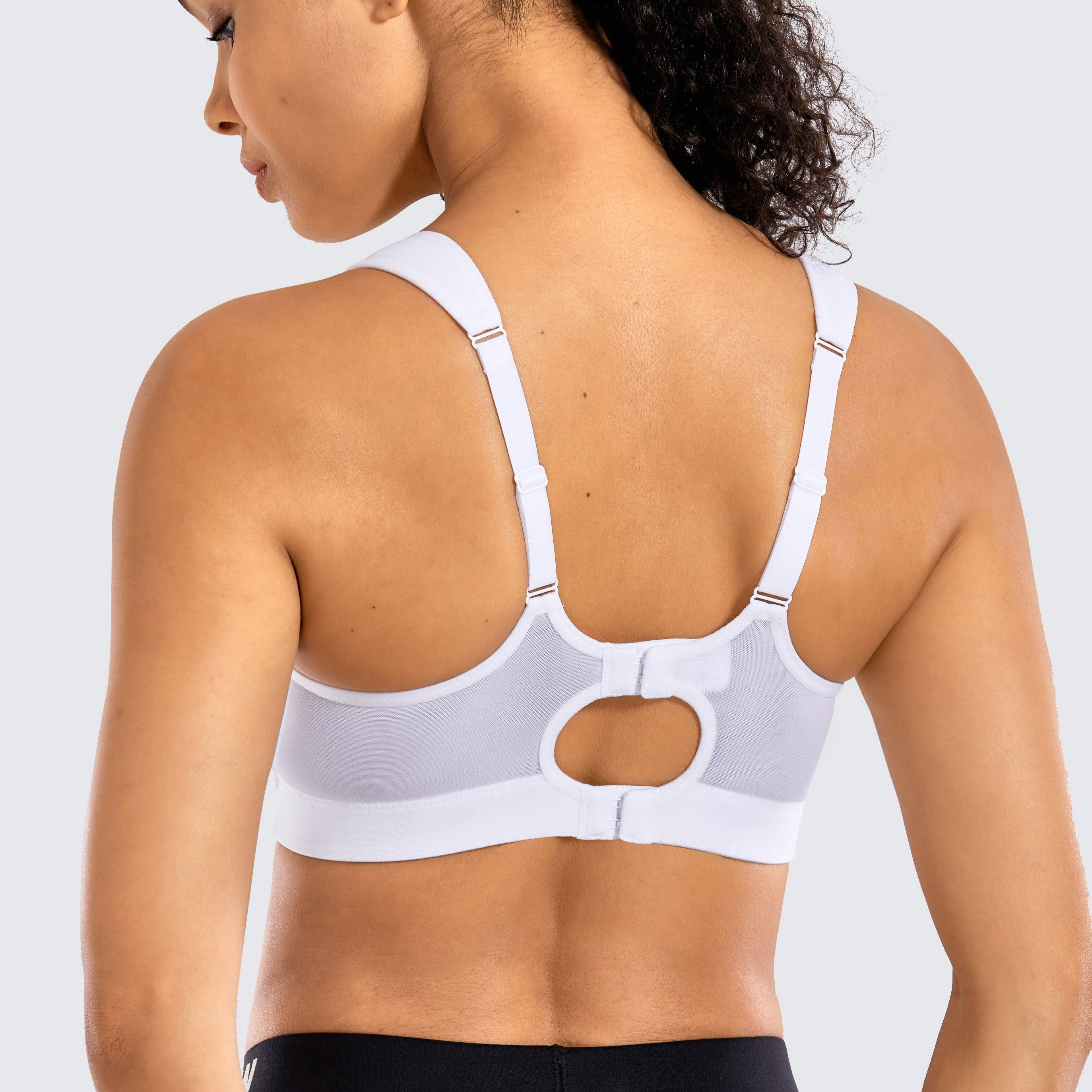 Back view of sports bra with racerback straps and oval cutout detail at center back panel - MissFine