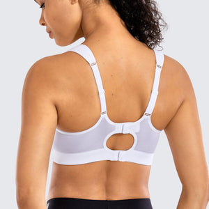 Back view of sports bra with racerback straps and oval cutout detail at center back panel - MissFine