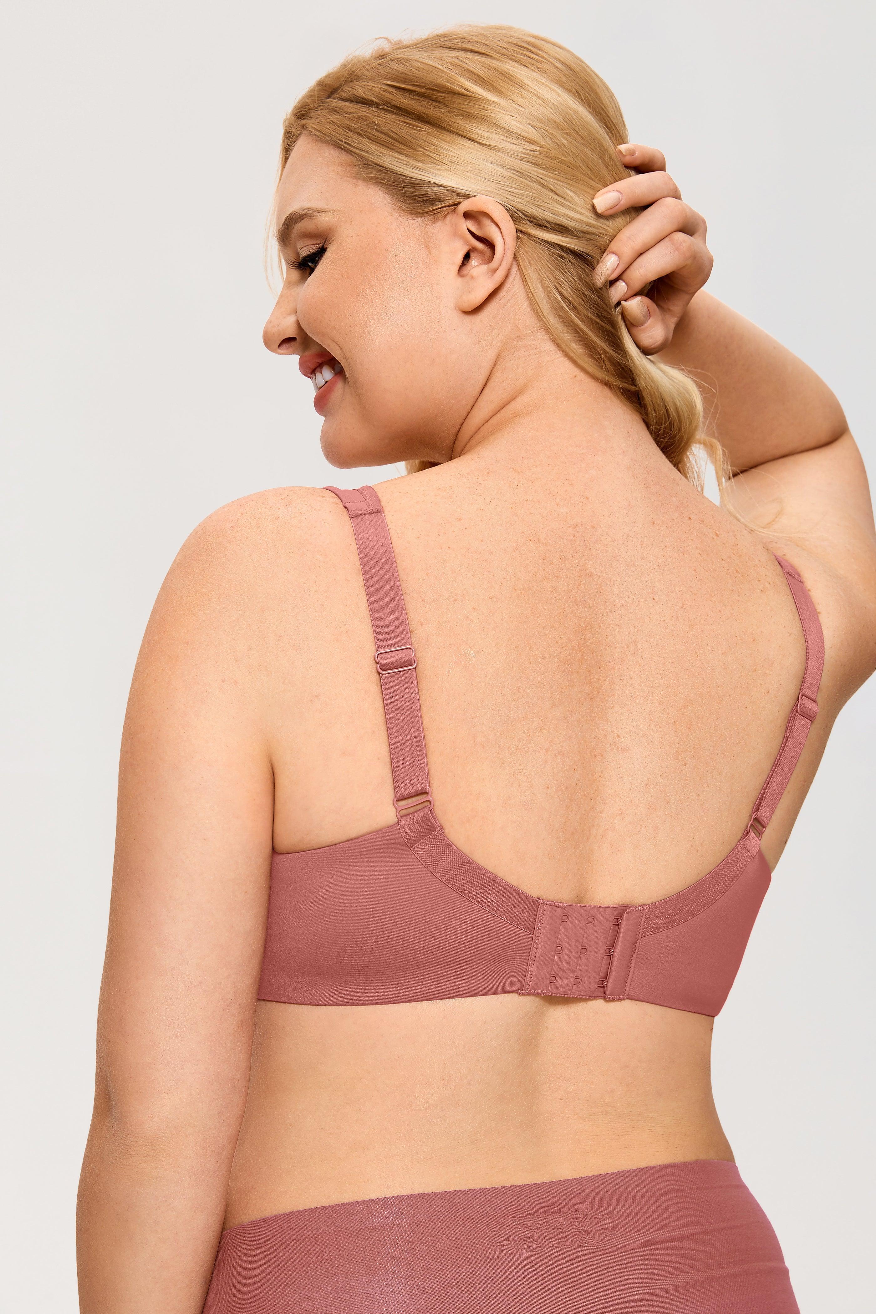 Close-up of mauve pink wireless bra with moulded cups and clean V-neck front - MissFine