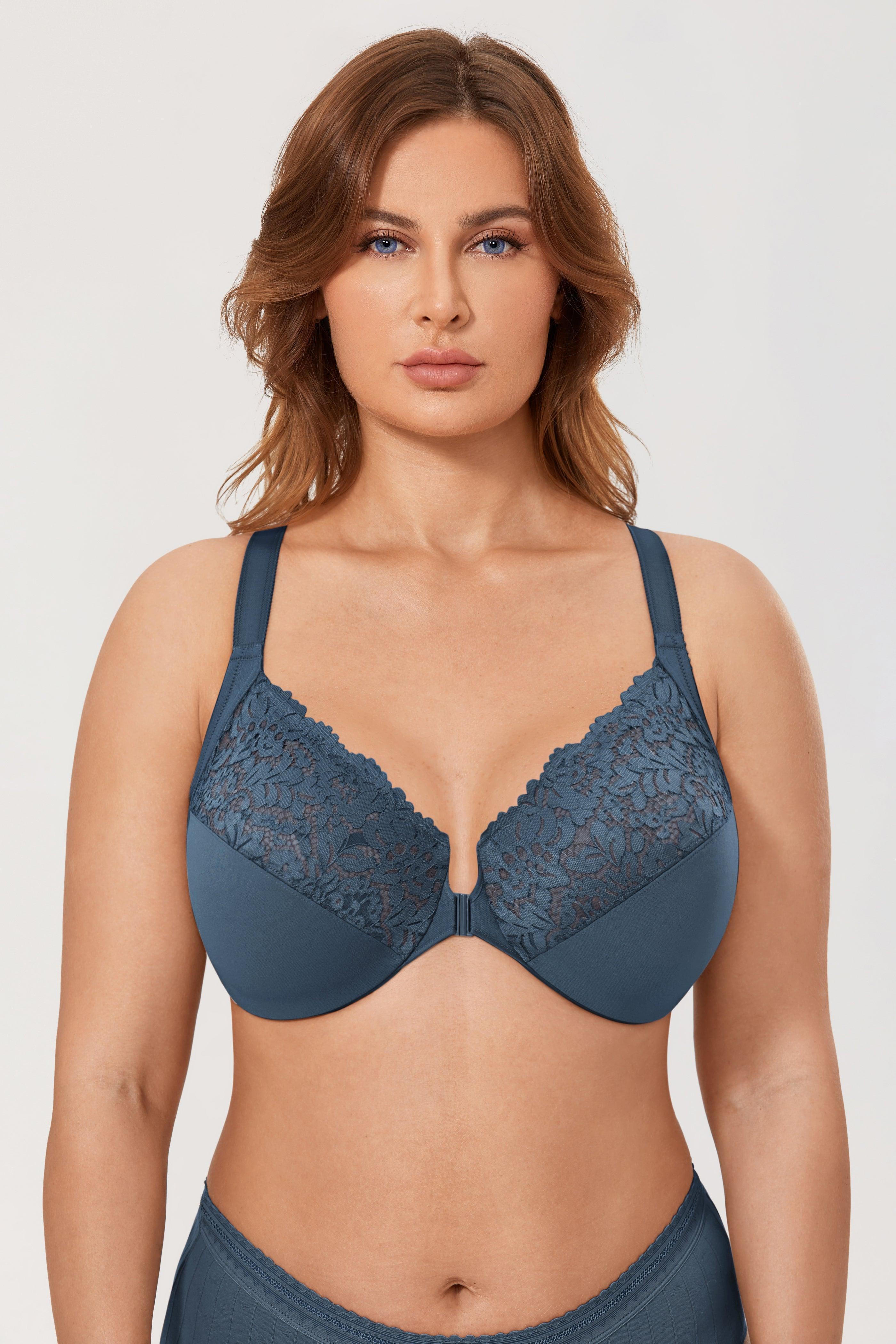 Close-up of floral lace overlay and front closure hardware between cups - MissFine