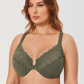 Front view of blue full coverage lace front-closure bra with molded underwire cups - MissFine