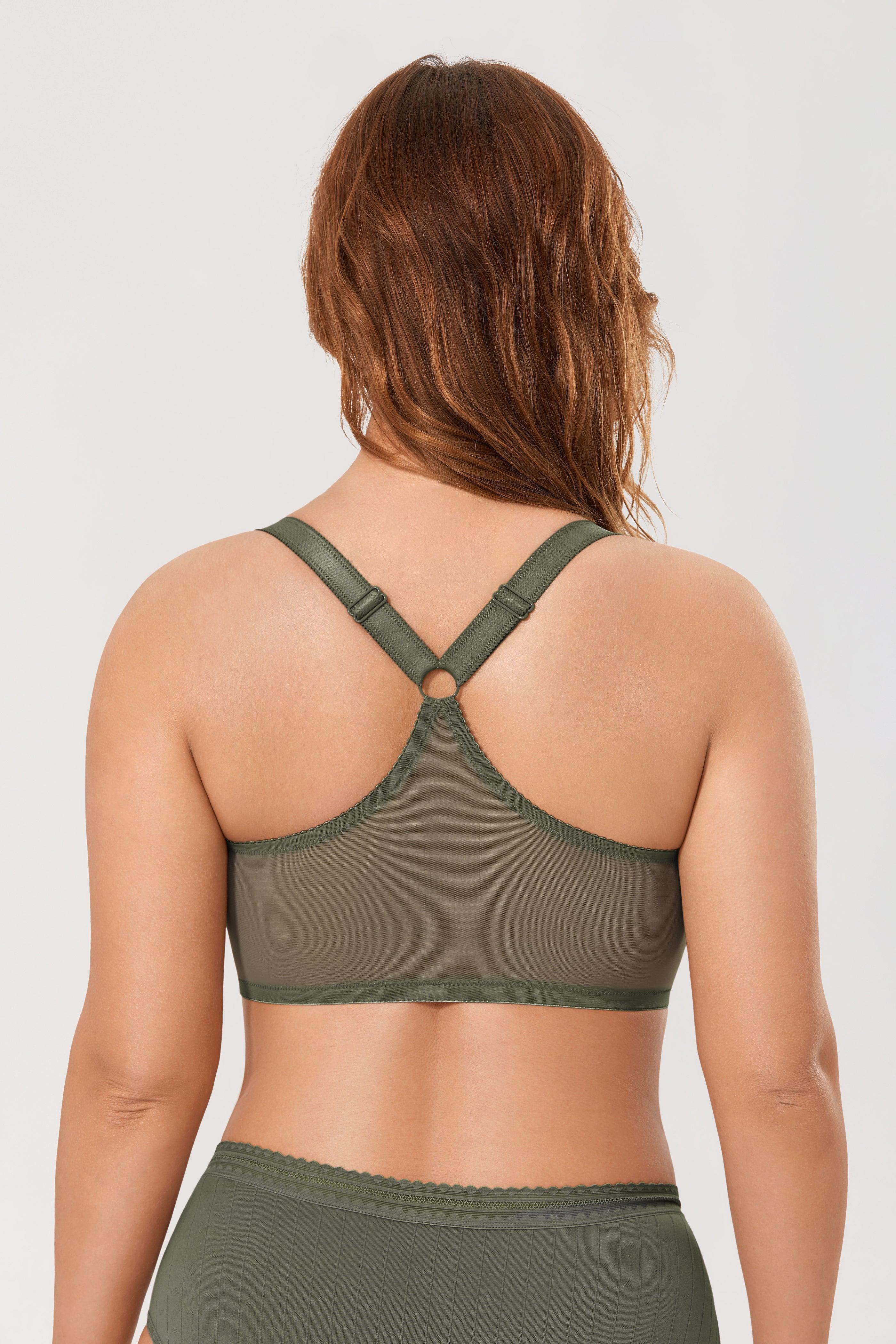 Back view of olive green bra with band and strap adjusters visible - MissFine