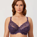 Front view of purple full cup underwired bra with floral lace and bow detail - MissFine