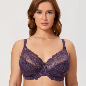 Front view of purple full cup underwired bra with floral lace and bow detail - MissFine