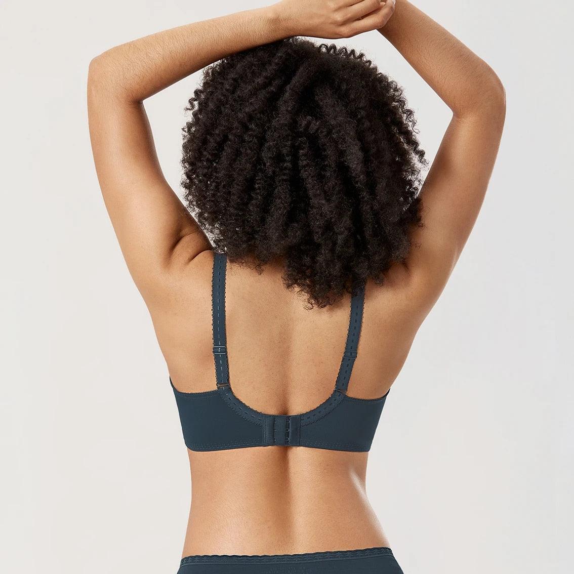 Side angle of lace bra showing wide adjustable straps and underwire shape - MissFine