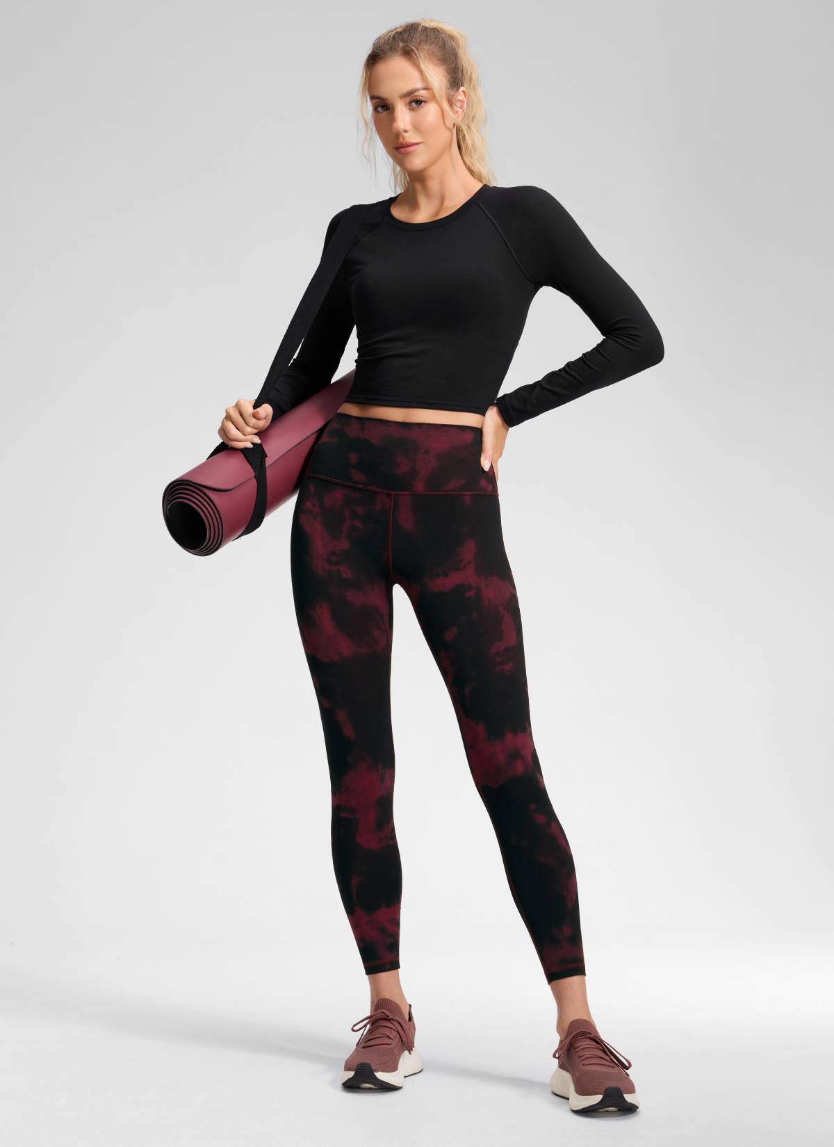 Yoga Leggings in Butterluxe Fabric - Seamless Waist, 25 Inch Burgundy Tie Dye Flowers - view 3