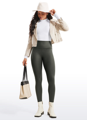 Matte Faux Leather Leggings - High Waist, 25 Inch Olive Green Foil Pattern - view 3