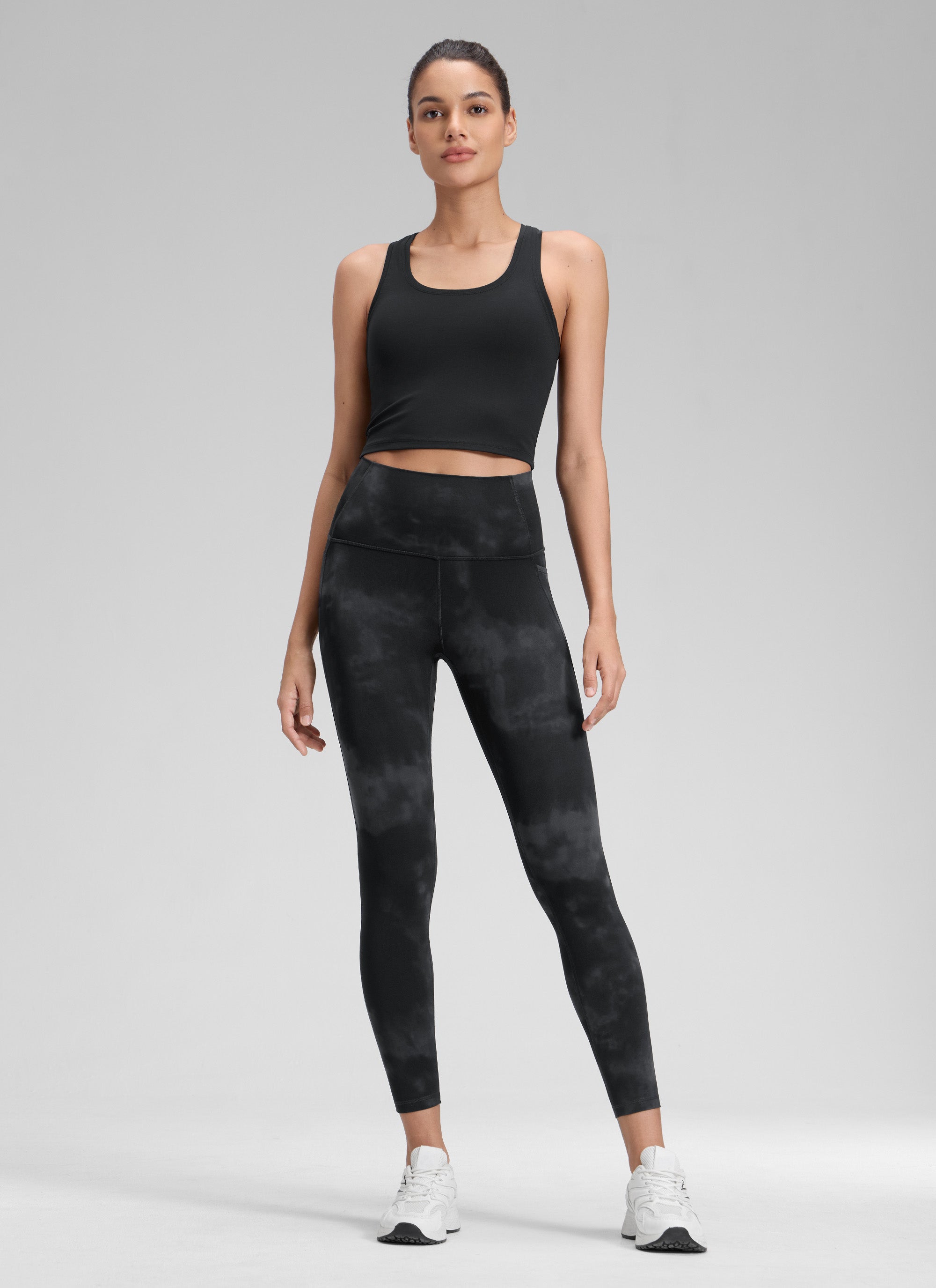 Yoga Leggings with Pockets - Butterluxe Fabric, 25 Inch Black Tie Dye Flowers - view 3