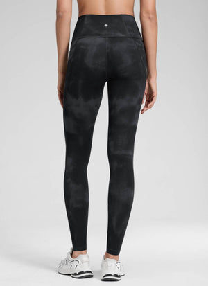 Yoga Leggings with Pockets - Butterluxe Fabric, 28 Inch Tall Black Tie Dye Flowers - view 2