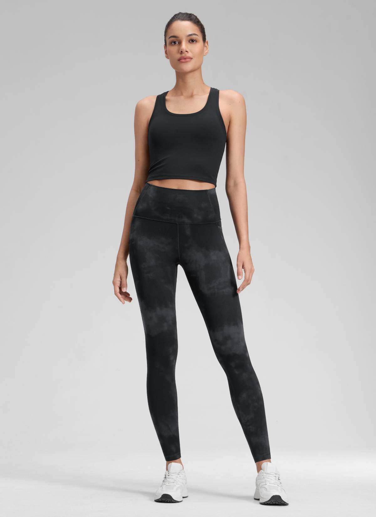 Yoga Leggings with Pockets - Butterluxe Fabric, 28 Inch Tall Black Tie Dye Flowers - view 3