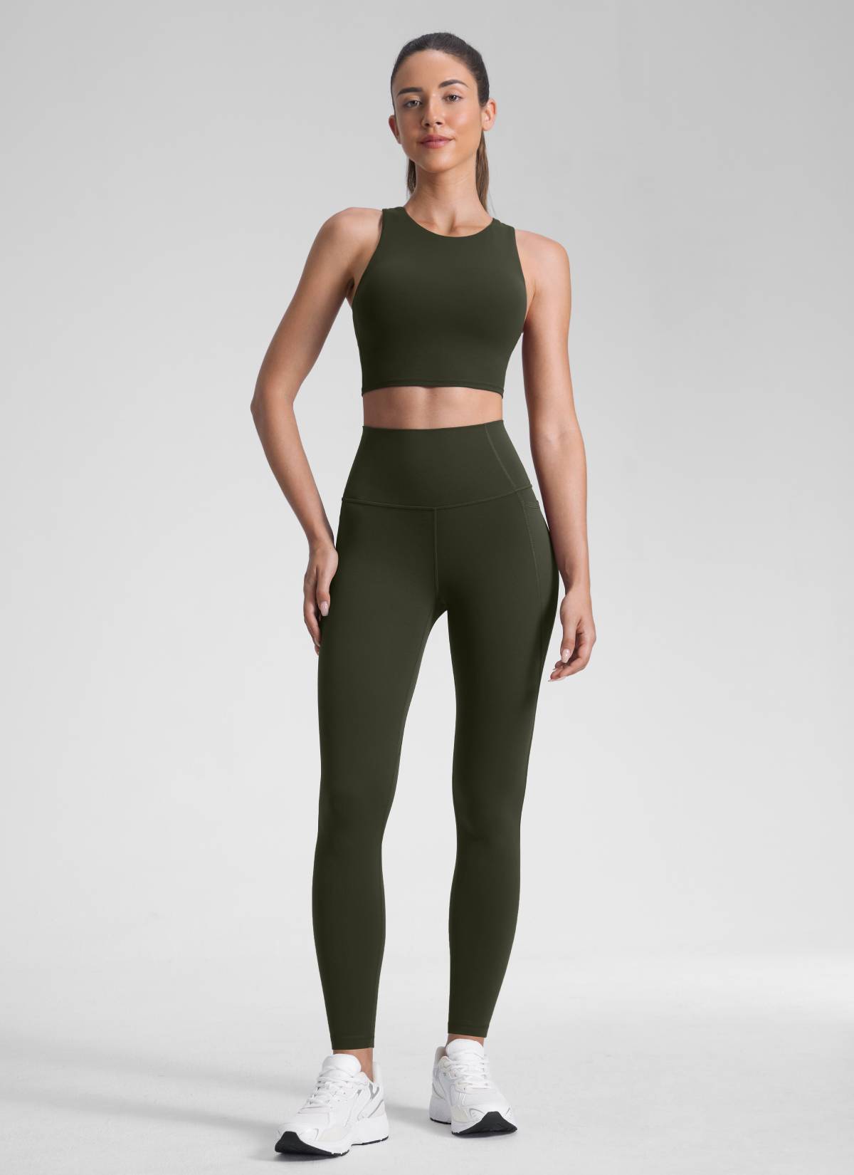 Yoga Leggings with Pockets - Butterluxe Fabric, 28 Inch Tall Olive Green - view 3