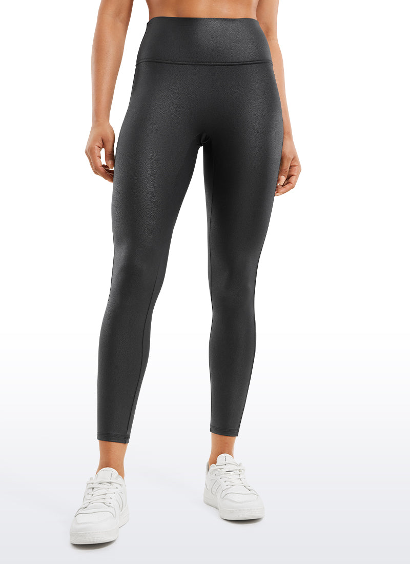 Faux Leather Leggings - No Front Seam, Smooth Panel, High Waist Black Foil Pattern - view 1
