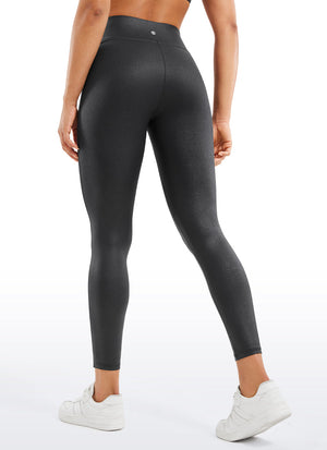 Faux Leather Leggings - No Front Seam, Smooth Panel, High Waist Black Foil Pattern - view 2