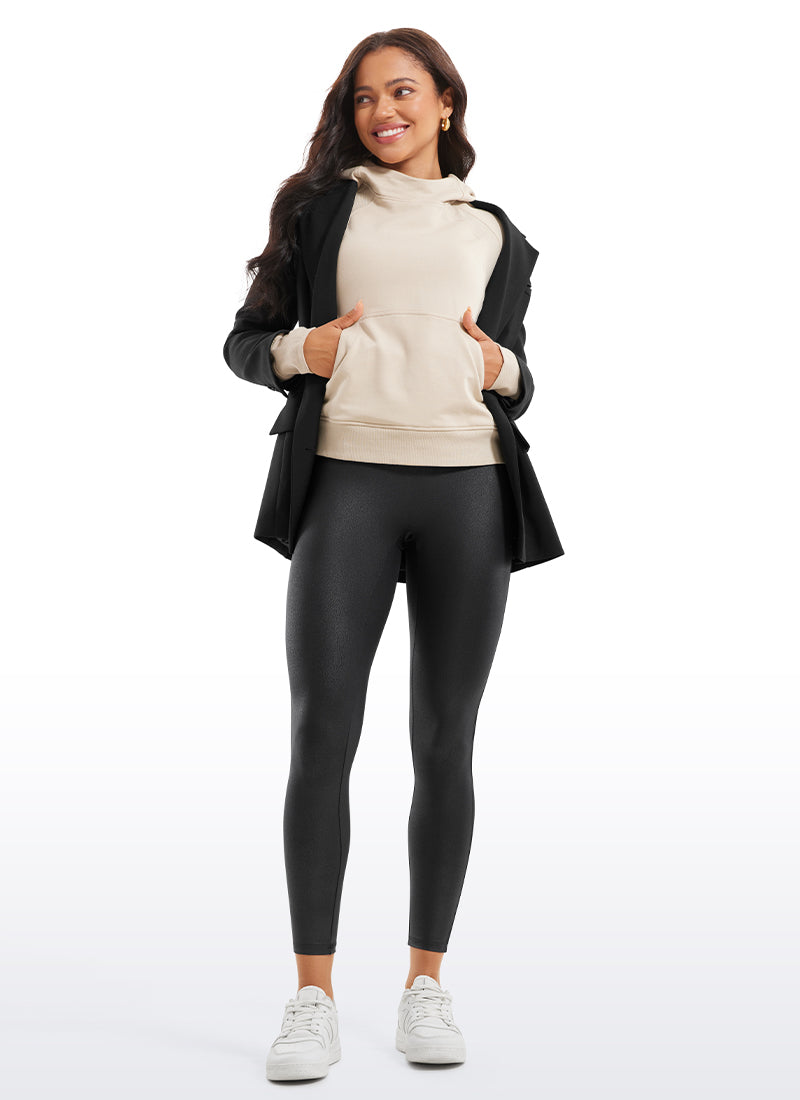 Faux Leather Leggings - No Front Seam, Smooth Panel, High Waist Black Foil Pattern - view 3