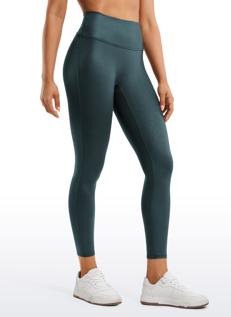 Faux Leather Leggings - No Front Seam, Smooth Panel, High Waist Forest Dark Green Foil Pattern - view 1