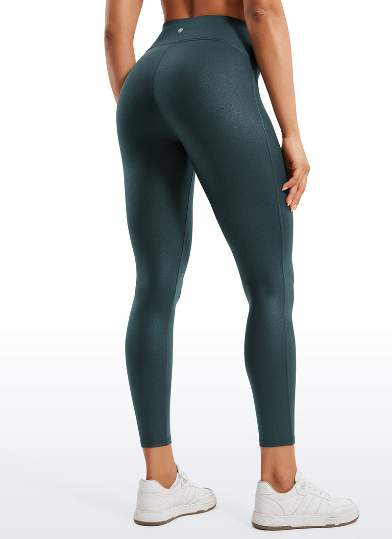 Faux Leather Leggings - No Front Seam, Smooth Panel, High Waist Forest Dark Green Foil Pattern - view 2