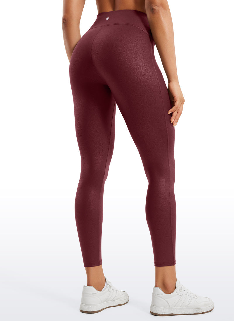 Faux Leather Leggings - No Front Seam, Smooth Panel, High Waist Red Merlot Foil Pattern - view 2