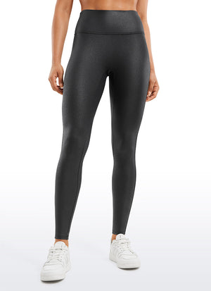 Faux Leather Leggings - No Front Seam, Smooth Panel, 28 Inch Black Foil Pattern - view 1
