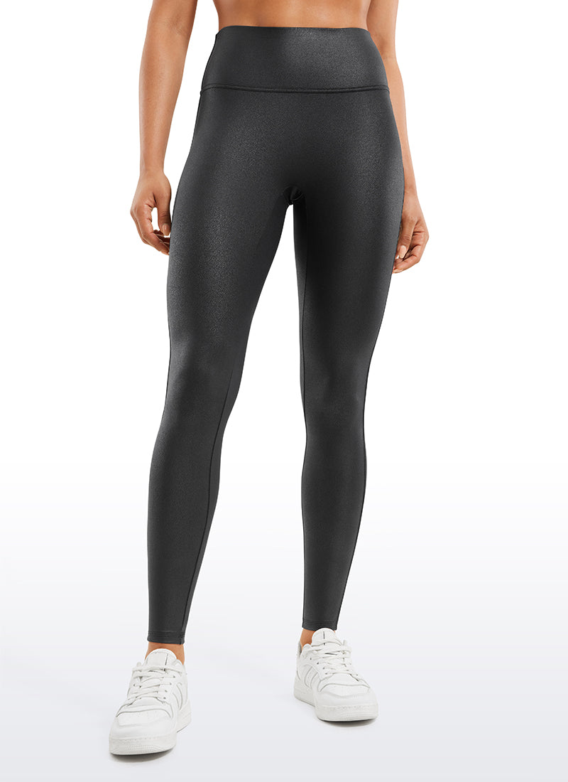 Faux Leather Leggings - No Front Seam, Smooth Panel, 28 Inch Black Foil Pattern - view 1