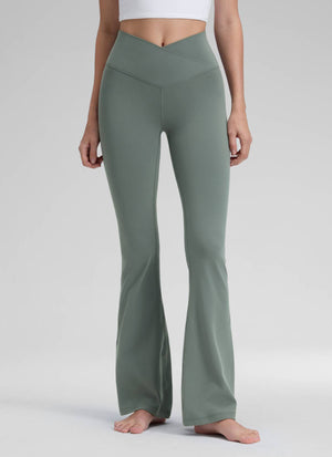 Flared Leggings with Crossover Waist - Butterluxe, 31 Inch Tall Grey Sage - view 1