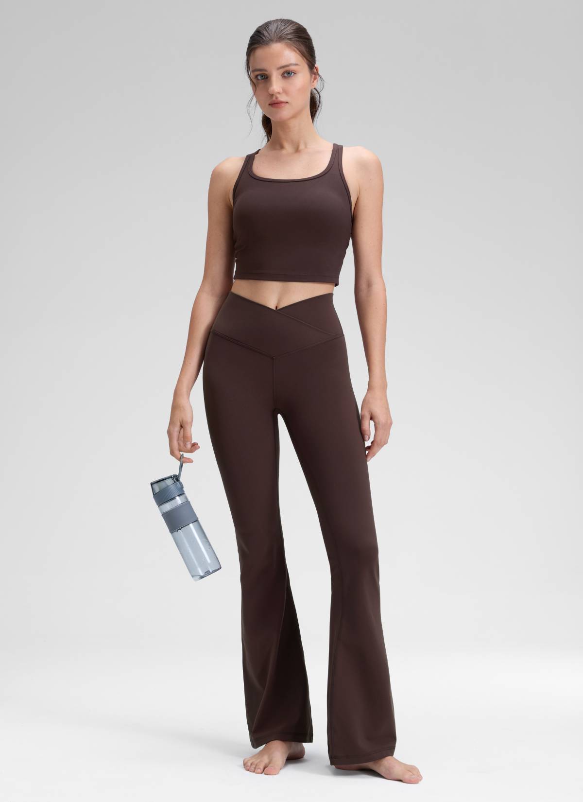 Flared Leggings with Crossover Waist - Butterluxe, 31 Inch Tall Hot Fudge Brown - view 3