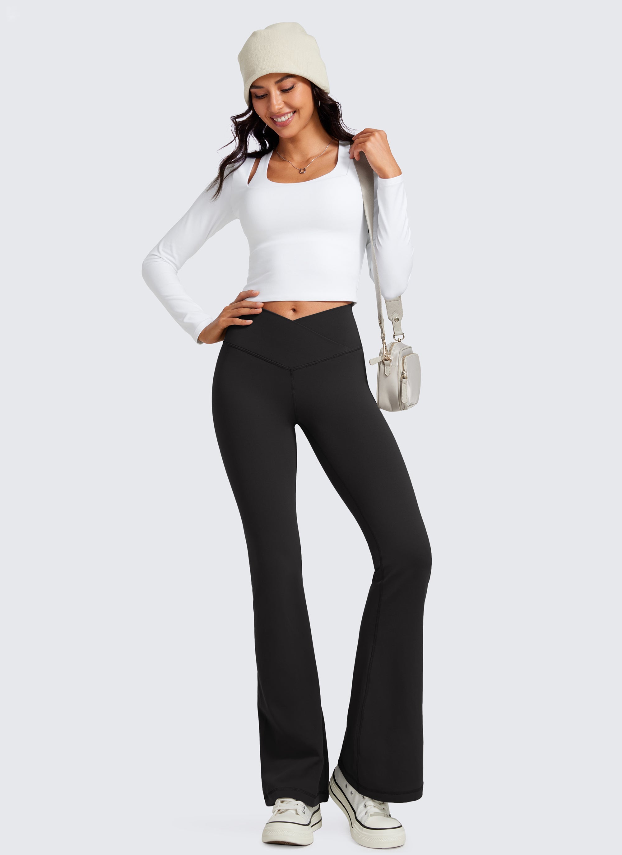 Flared Leggings with Crossover Waist - Butterluxe, 33 Inch Black - view 4