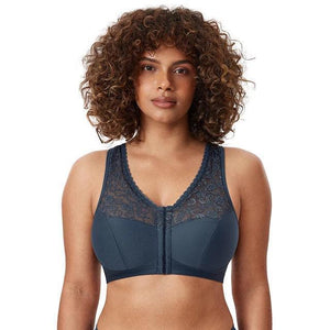 Side angle of taupe front closure full cup bra showing wide adjustable shoulder straps and smooth cups - MissFine
