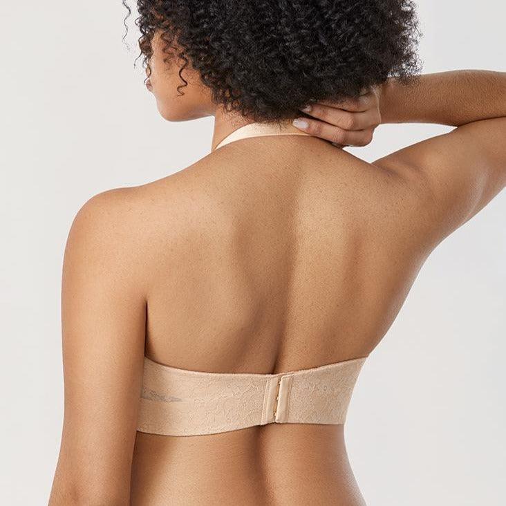 Back view nude strapless cotton lace bra showing wide elastic band and hook-and-eye closure - MissFine
