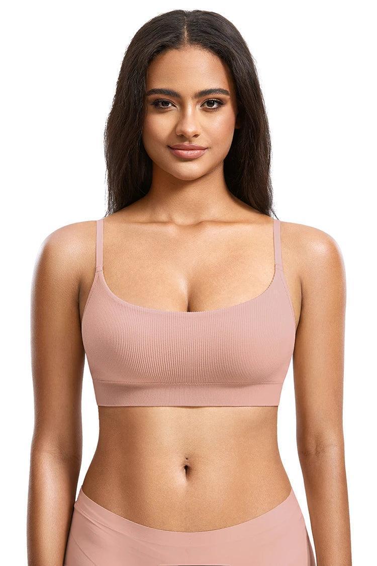 Front view of nude seamless bra top showing unpadded cups and soft stretch fabric - MissFine