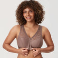Front view of navy plus size full coverage bra with front zipper closure and lace upper cups - MissFine