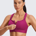 Front view of magenta zip front sports bra with wide straps and molded cups - MissFine