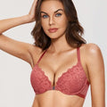 Front view of pink lace padded plunge bra with front closure clasp and underwire cups - MissFine