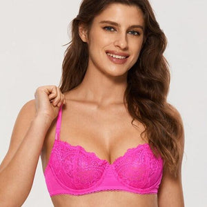 Front view of green lace padded underwired bra with demi balconette cups - MissFine