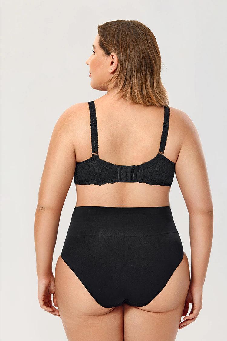 Back view of black minimiser bra with wide band and multi-hook back closure - MissFine