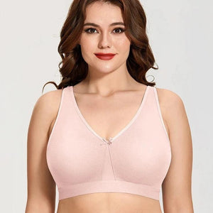 Front view of light pink wireless full cup cotton bra with bow detail - MissFine