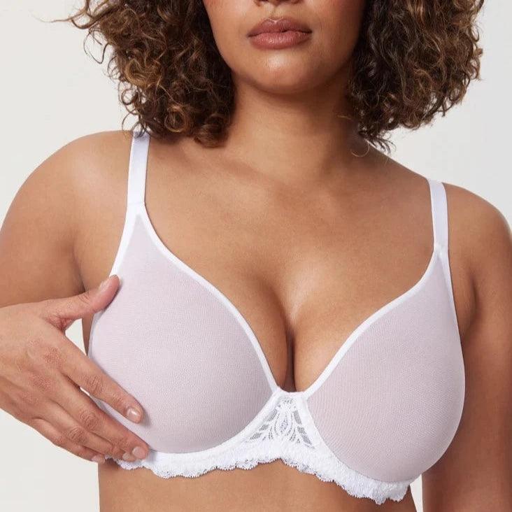 Front view of white padded t shirt bra with deep plunge neckline and lace trim - MissFine