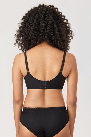 Back view of black wire-free bra with adjustable straps and hook-and-eye back closure - MissFine