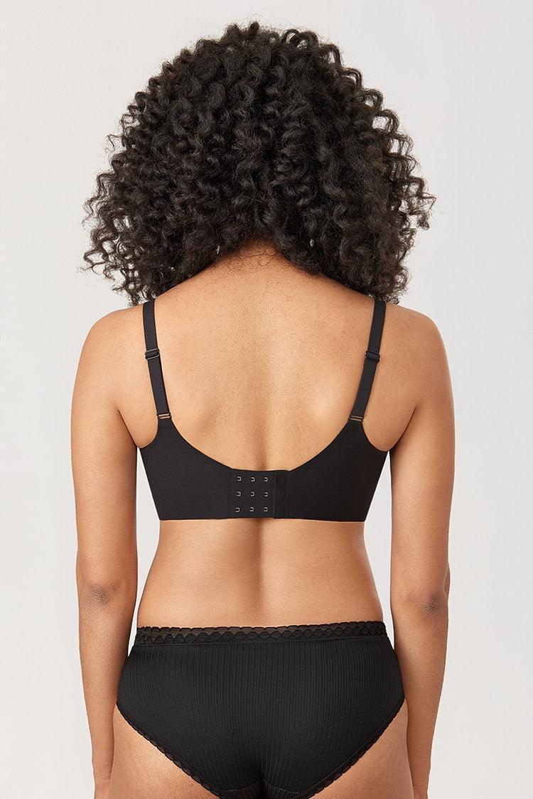 Back view of black wire-free bra with adjustable straps and hook-and-eye back closure - MissFine