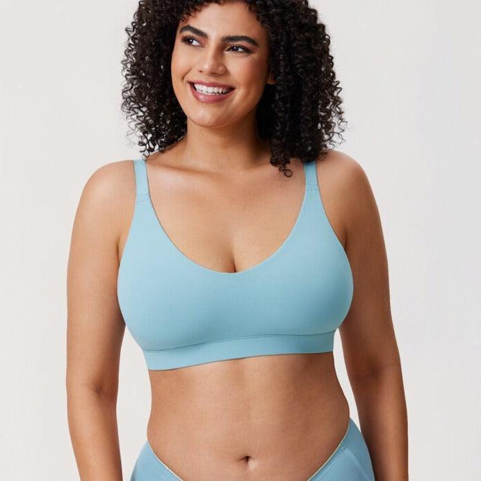 Front view of light blue seamless non wired bra top with full coverage scoop neckline - MissFine