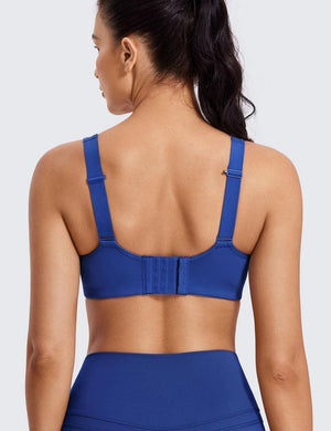 Rear view of blue full coverage sports bra with wide band and three-row back closure - MissFine