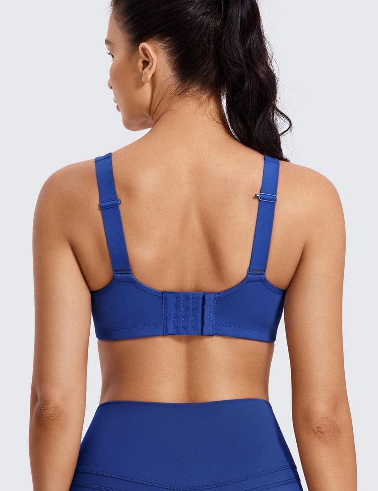 Rear view of blue full coverage sports bra with wide band and three-row back closure - MissFine