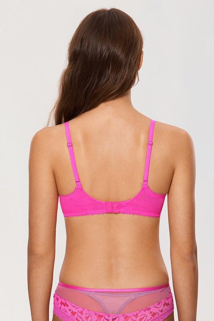 Back view of pink lace bra with adjustable straps and multi-hook back closure - MissFine