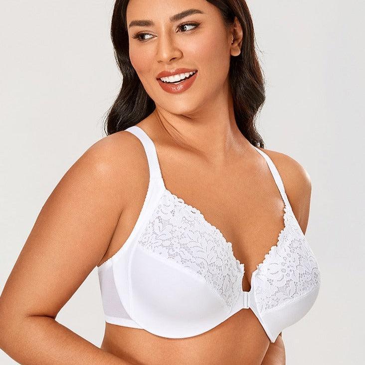 Front view of white full coverage bra with lace upper cups and front clasp - MissFine