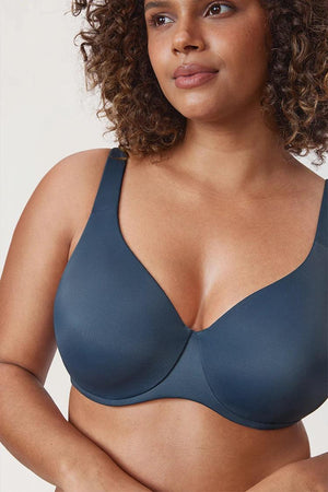 Close-up of seamless cup and center gore detailing on ocean blue full cup bra - MissFine