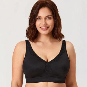 Front view of black full cup non wired bra with lace neckline and wide band - MissFine