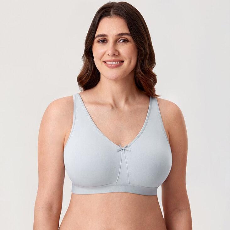 Side angle showing seamless cotton cups and adjustable straps on wireless full cup bra - MissFine