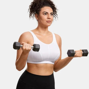 Front view of white sports bra with full coverage seamless cups and wide straps - MissFine