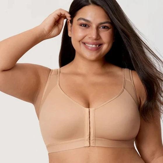Front view of nude full coverage front-zip bra showing molded cups and broad underband - MissFine