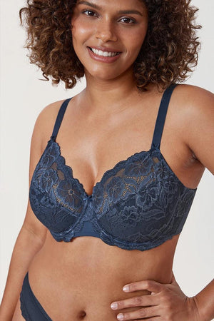 Close-up of floral lace overlay on full coverage bra cups in deep green - MissFine