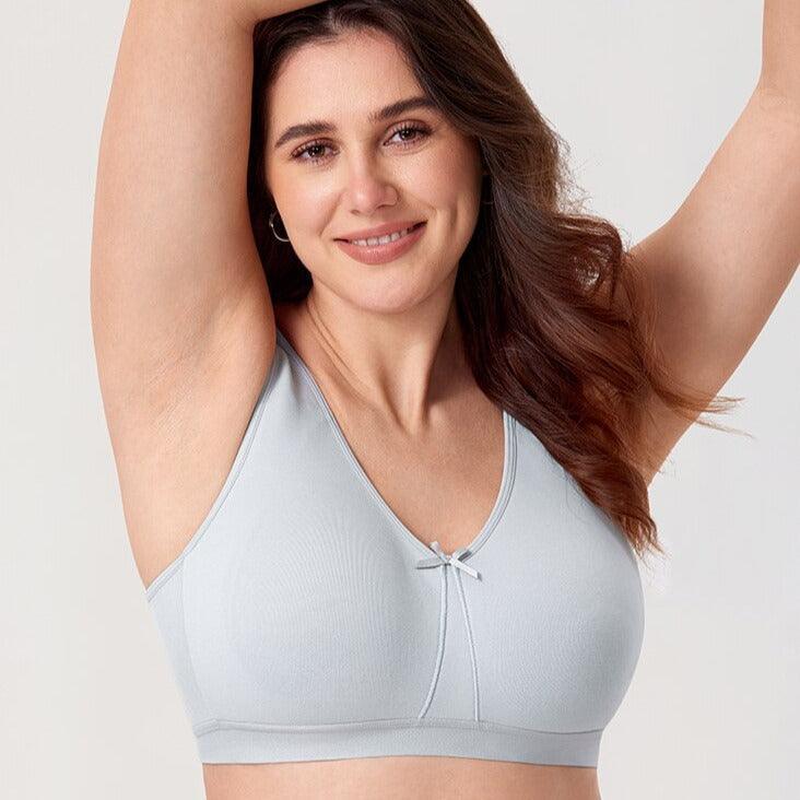 Front view of light gray non wired full cup bra with V-neckline and small bow detail - MissFine